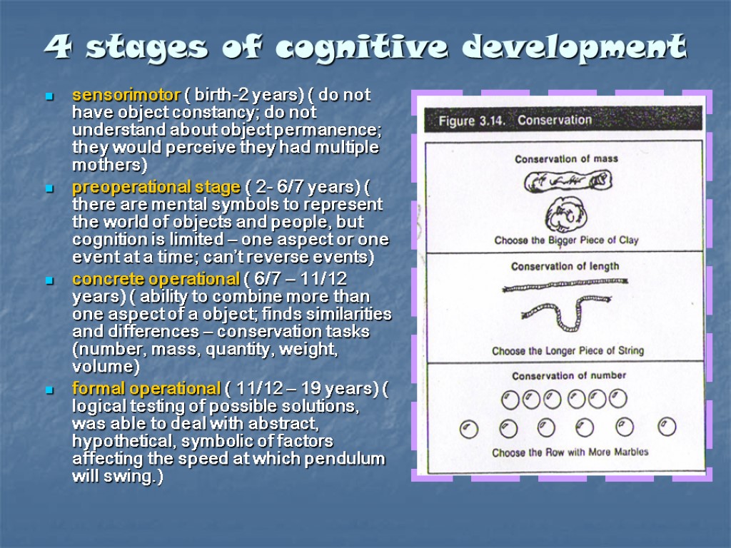 4 stages of cognitive development sensorimotor ( birth-2 years) ( do not have object